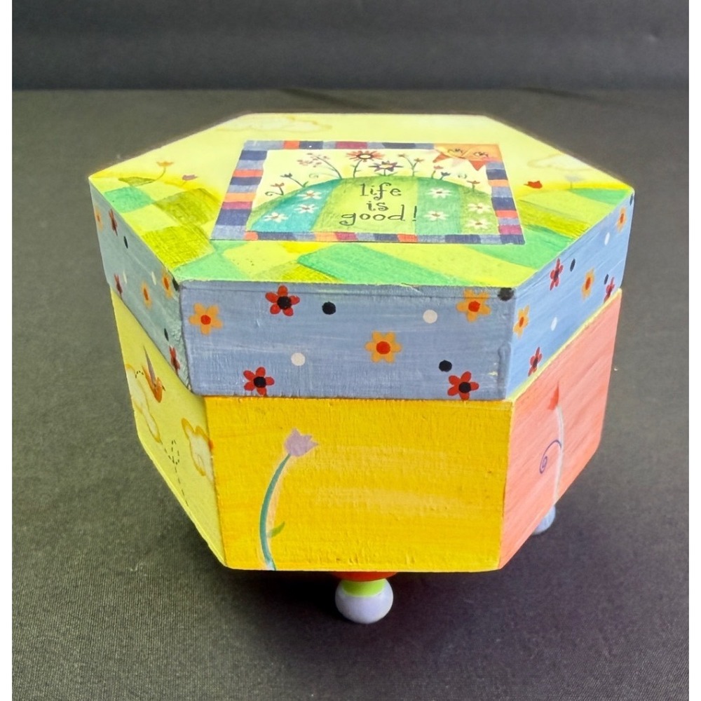 Natural Life is Good Wood Trinket Box Hexagon Yellow Floral Whimsical Decor - Picture 2 of 13
